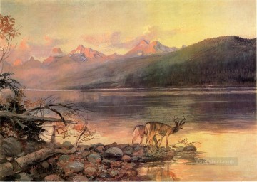  Landscape Oil Painting - Deer at Lake McDonald landscape western American Charles Marion Russell